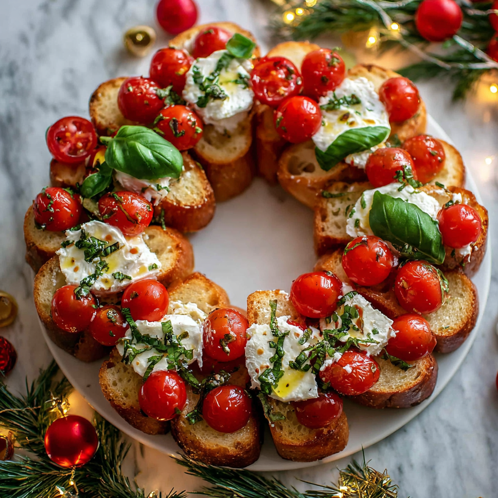 Close-up of tomato and cheese topping on crostini