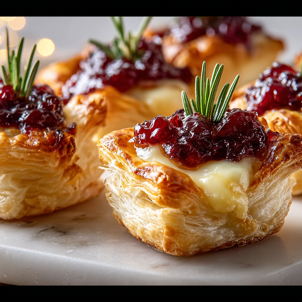 Close-up of cranberry topped brie in puff pastry