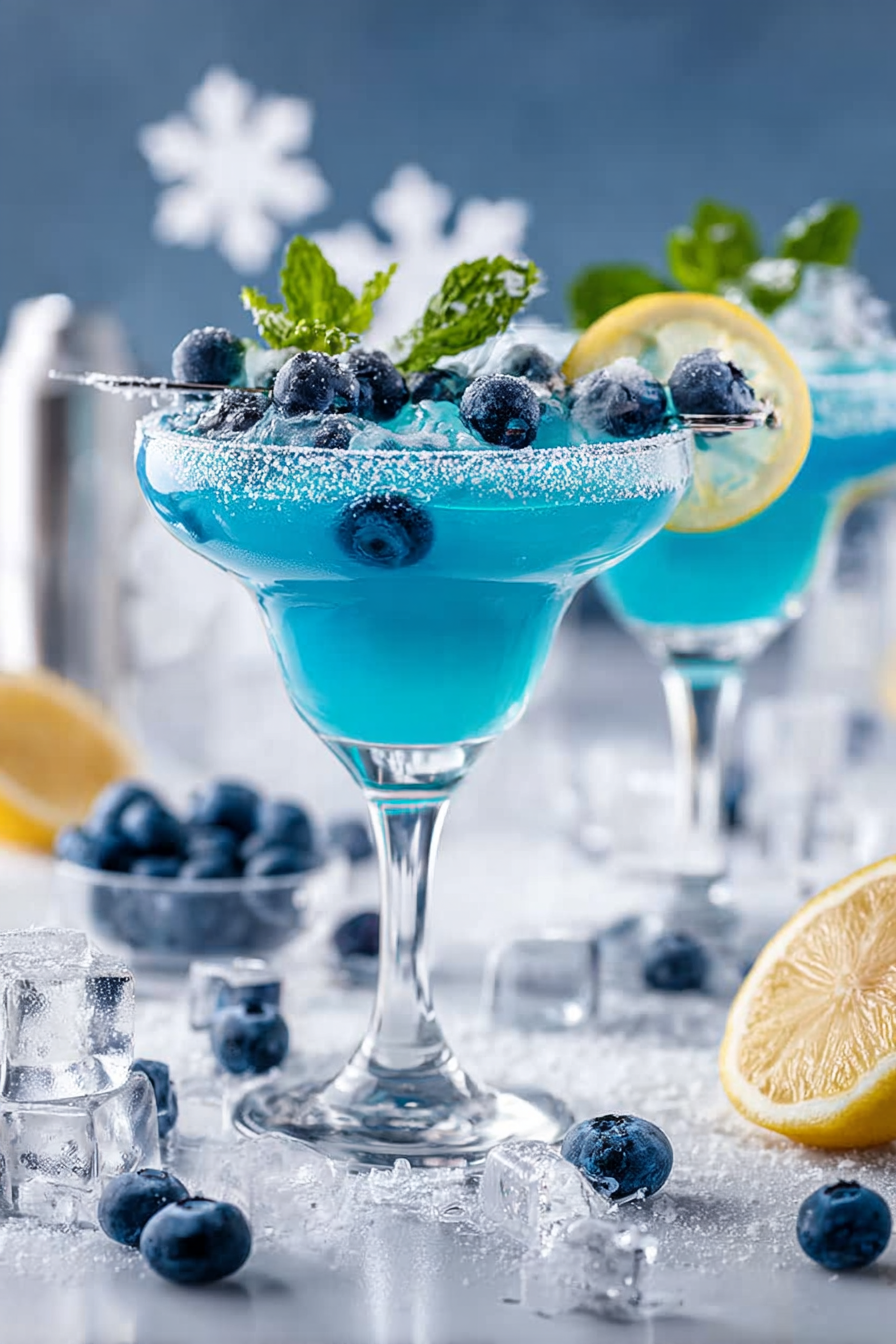 Blueberry Snow Martini in a chilled coupe glass