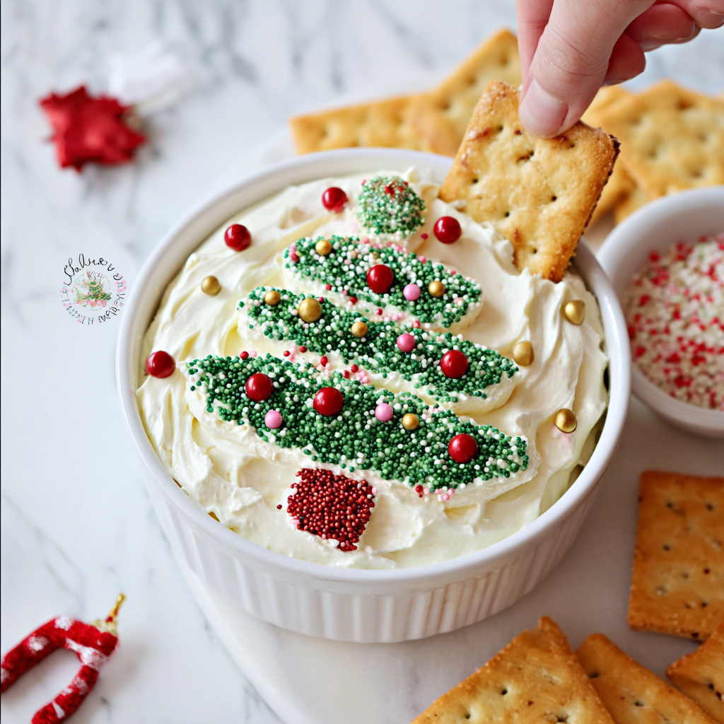 Little Debbie Christmas Tree Cake Dip in a bowl with sprinkles
