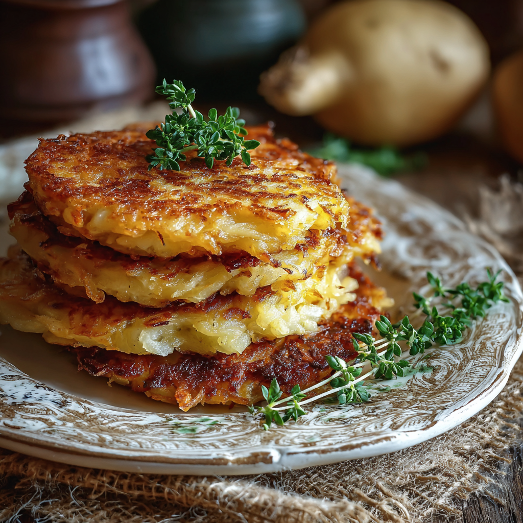 Finished potato pancakes stacked and topped with diced tomatoes