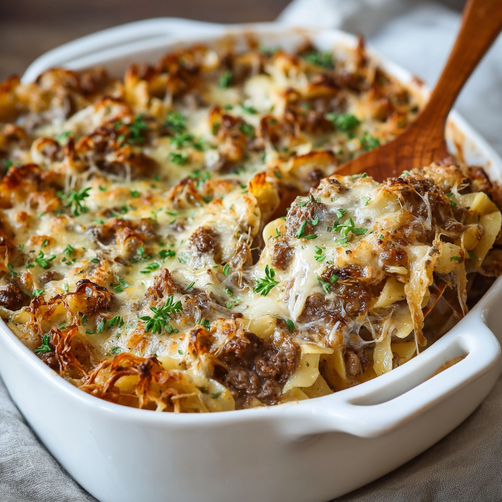Close-up of baked casserole with fried onions