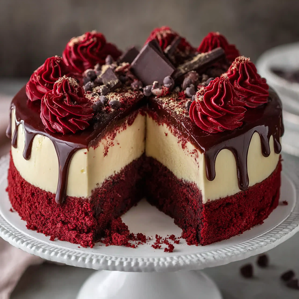 Decorated red velvet cheesecake cake top view