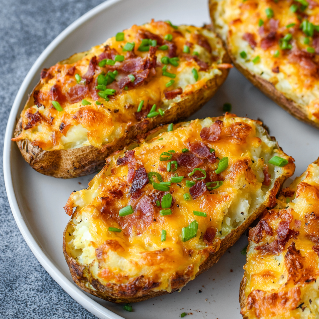 Close-up of twice baked potato interior with bacon bits