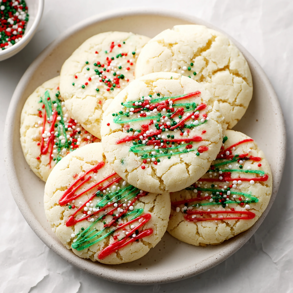 Close-up of a shortbread cookie with festive nonpareils