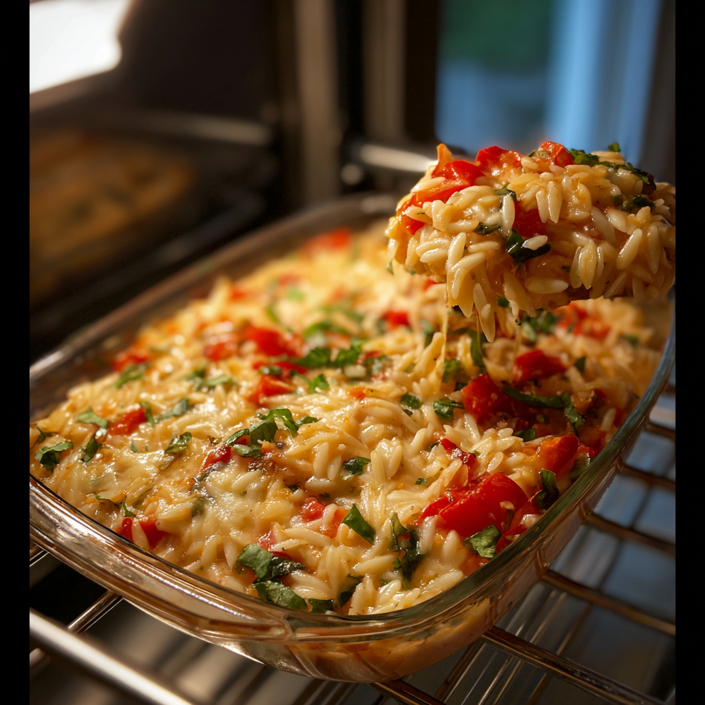 Baked orzo with roasted vegetables in a 9x13 dish