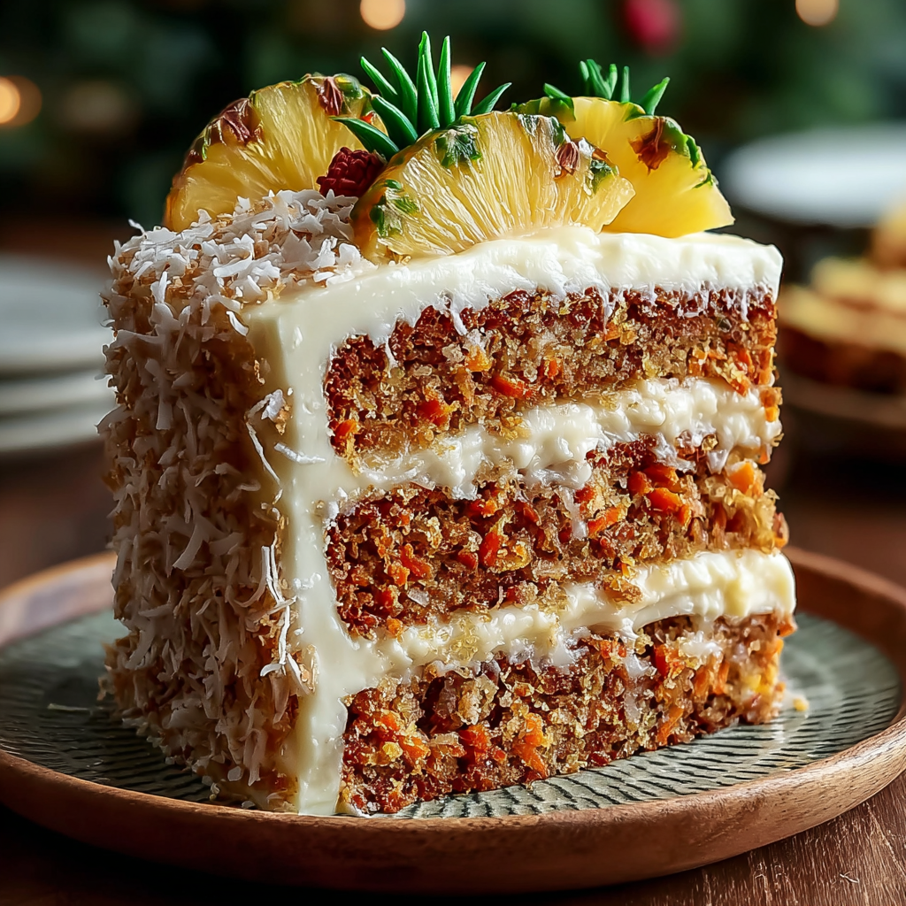 Sliced cake with cream cheese frosting and toasted coconut