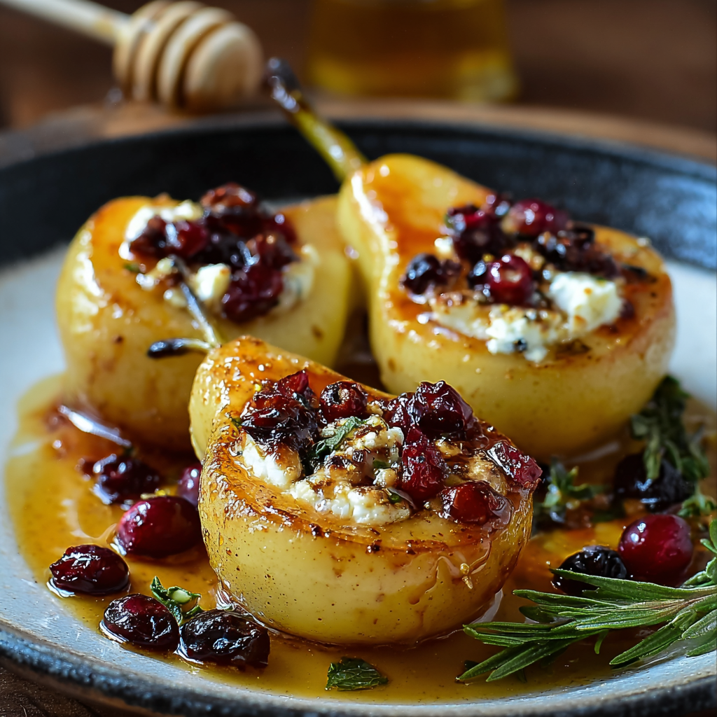 Baked pear with goat cheese and cranberries