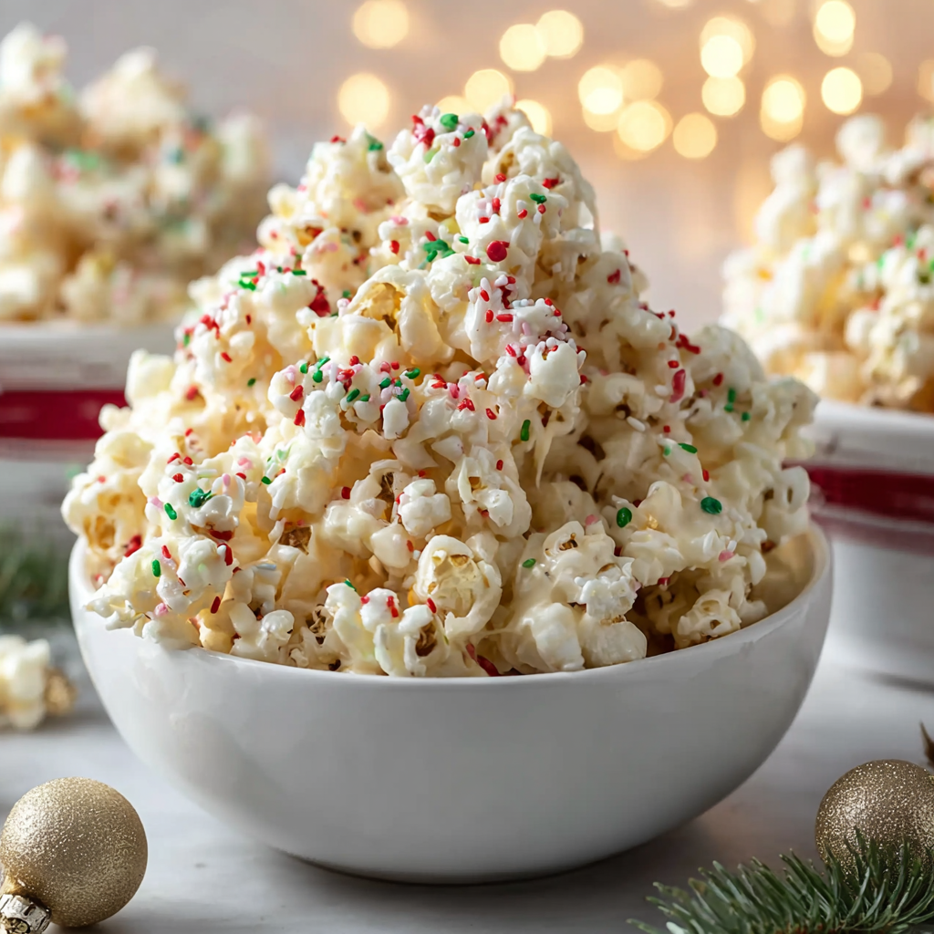 White chocolate coated puff corn on parchment