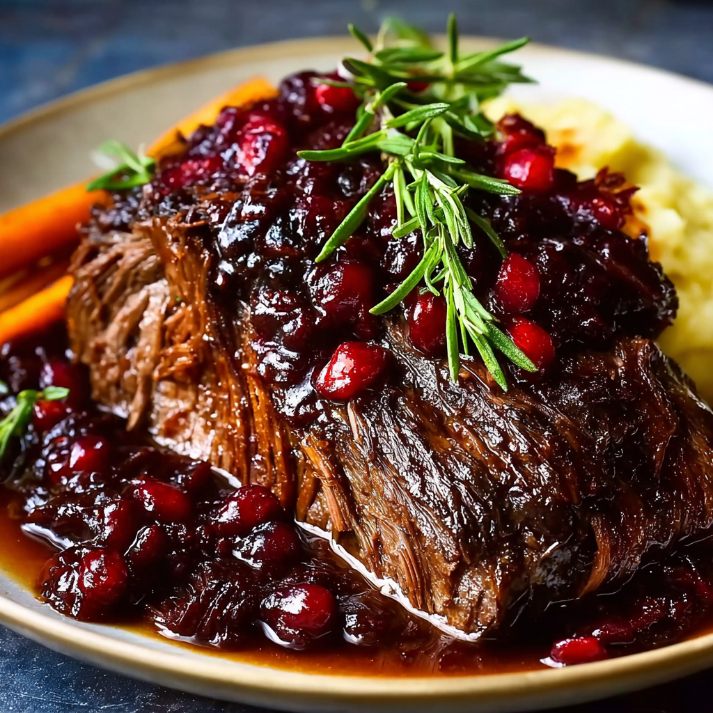 Close-up of cranberry balsamic glaze spooned over beef