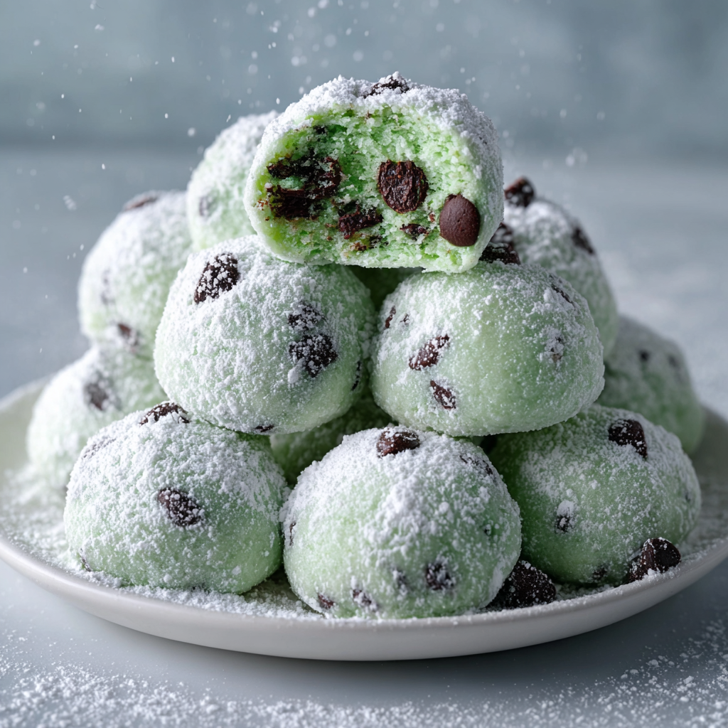 Tray of freshly baked mint chocolate chip snowball cookies