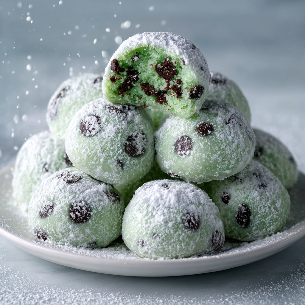 Close-up of mint chocolate chip snowball cookie dusted with powdered sugar