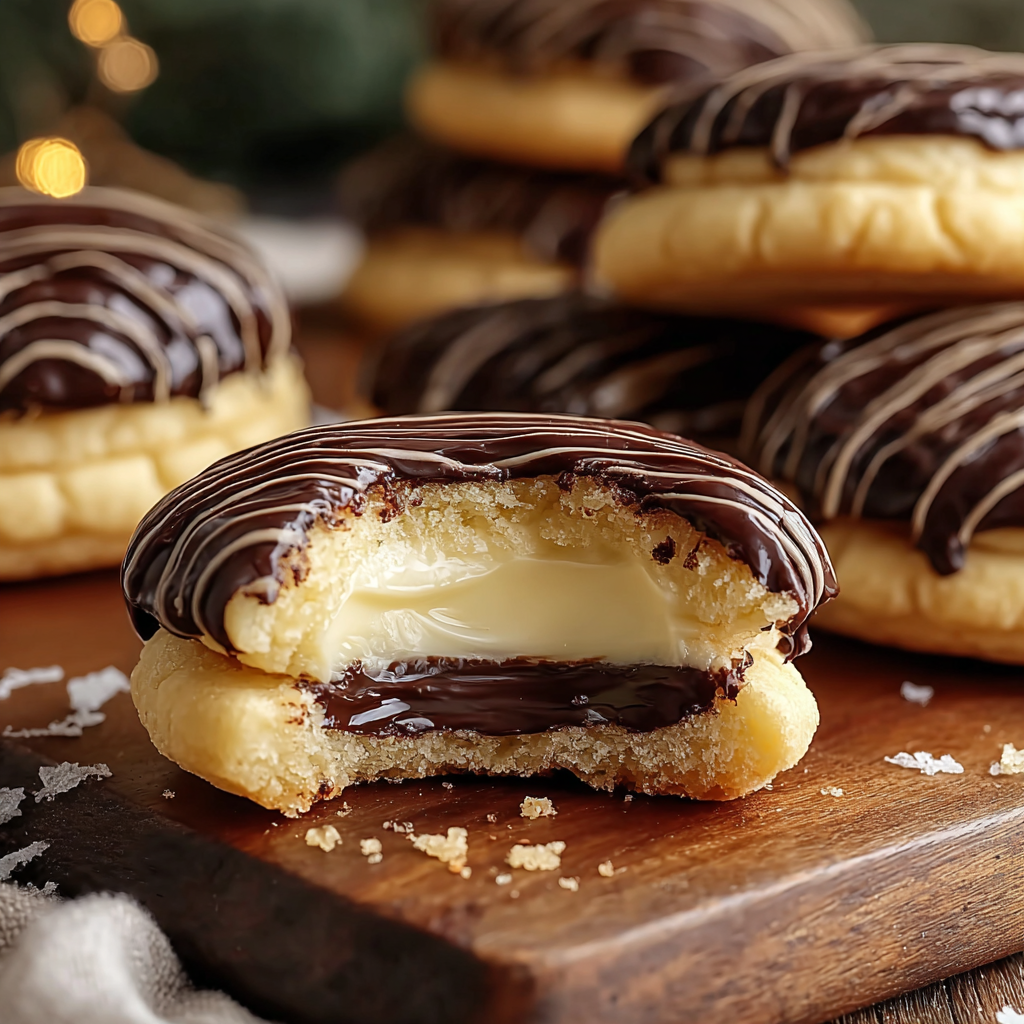Close-up of custard filled cookie with chocolate drizzle