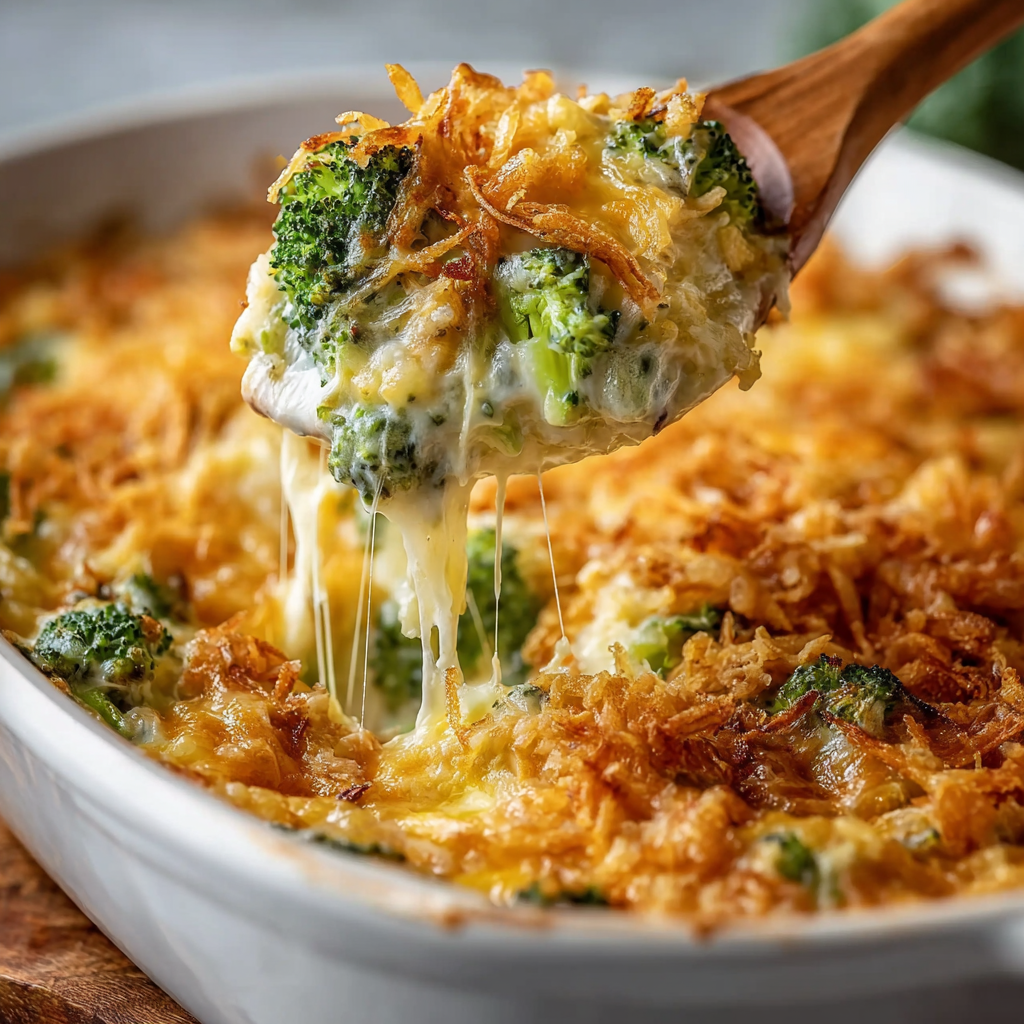 Close-up of cheesy broccoli casserole with crispy onions