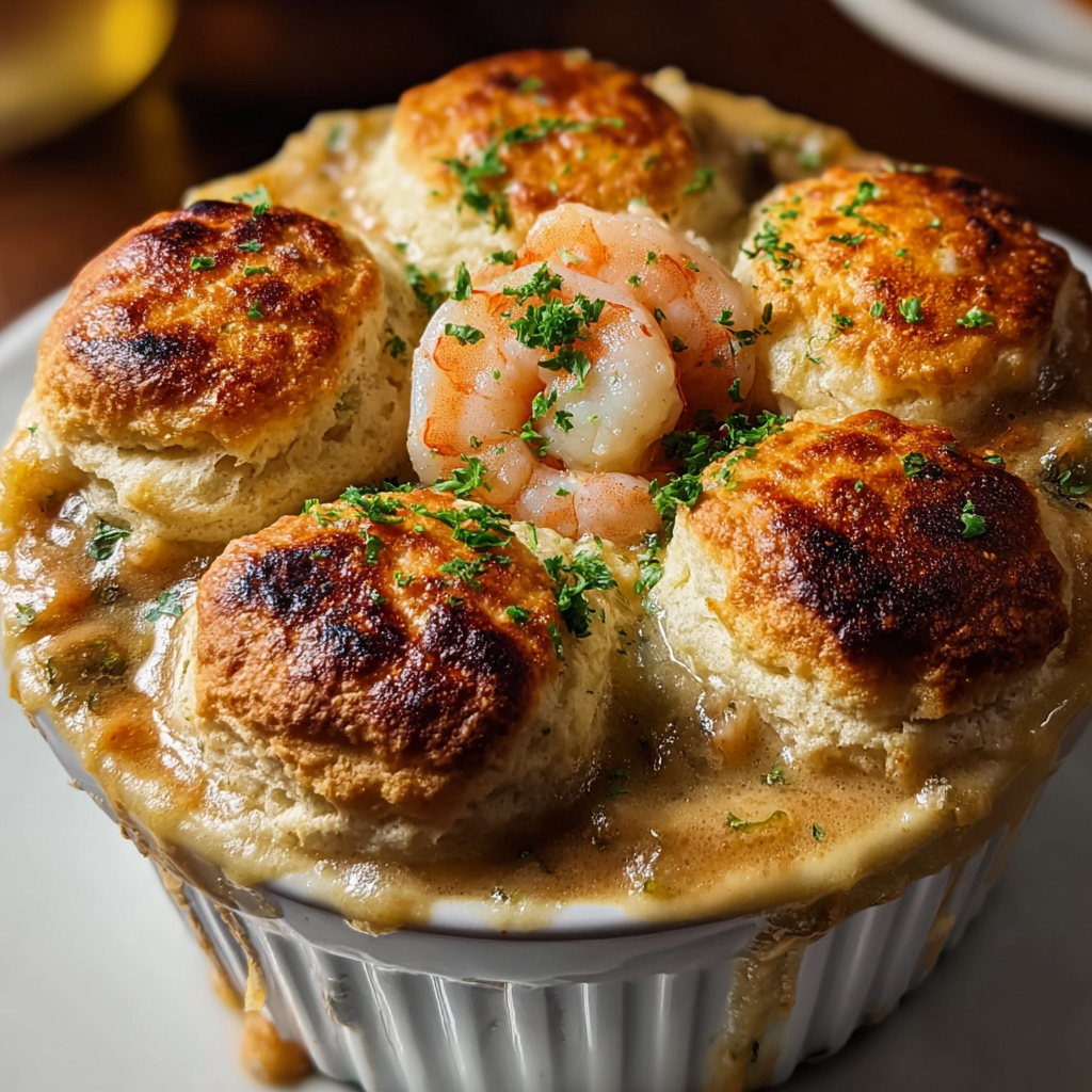 Shrimp and lobster biscuit pot pie in ramekin with biscuit top