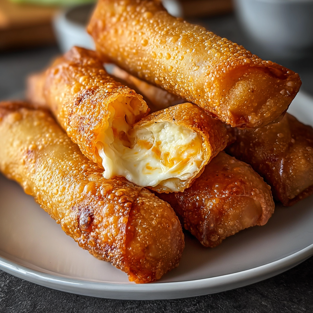 Stack of buffalo chicken dip egg rolls with dipping sauce