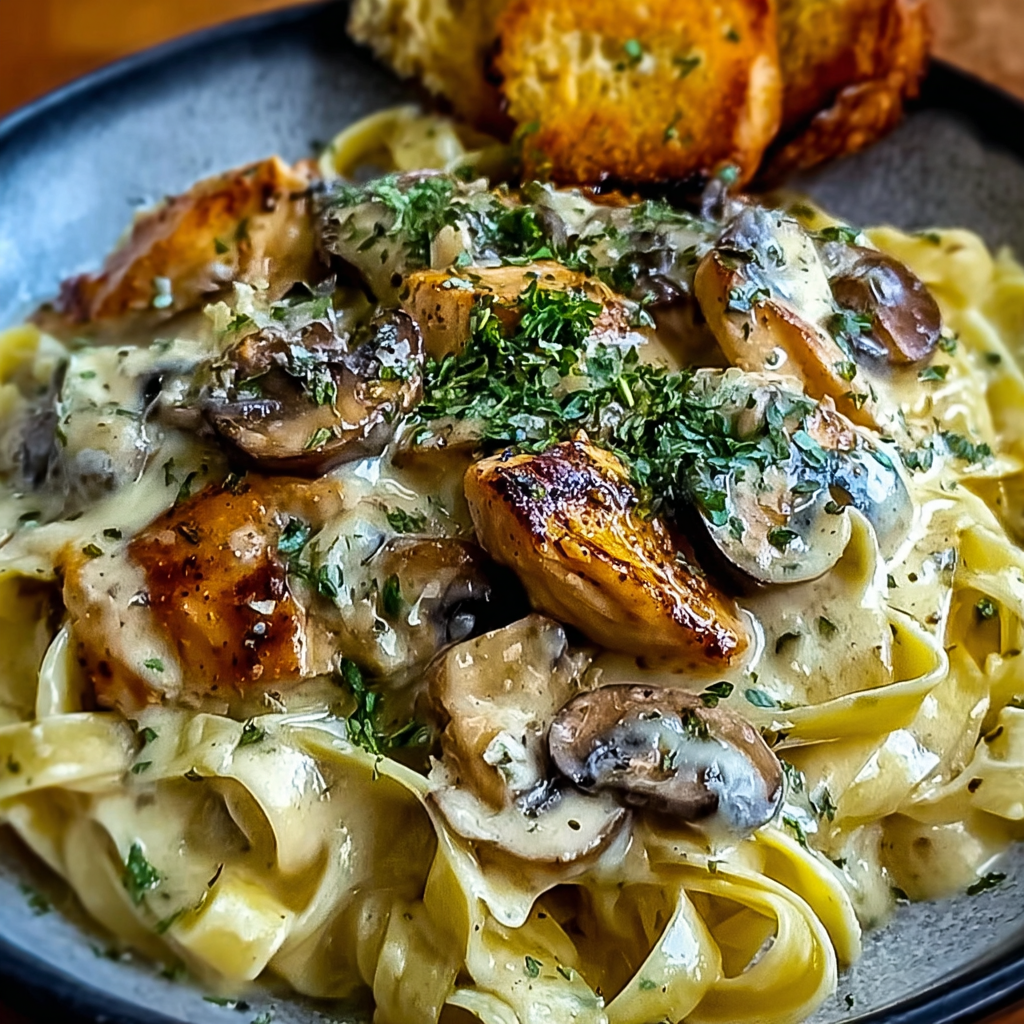 Close-up of plated creamy garlic chicken and mushroom pasta with parsley