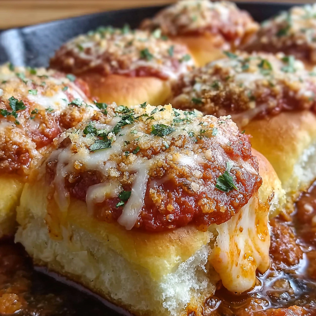 Assembled pizza sliders in baking dish