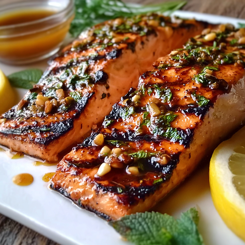 Grilled salmon fillets on the barbecue with lemon and herbs