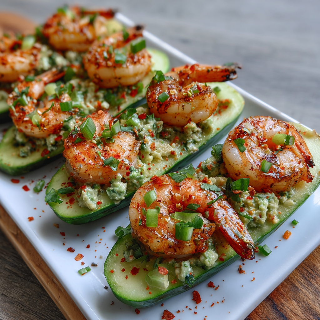 Shrimp avocado cucumber boats on a platter