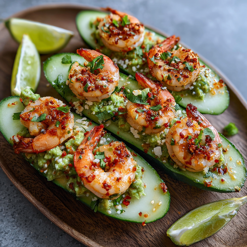 Close-up of cucumber boats with avocado and shrimp
