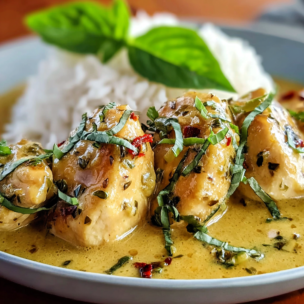 Basil Chicken simmering in coconut curry sauce