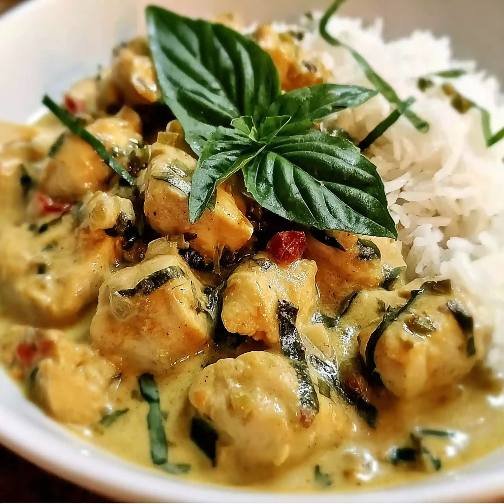 Served basil chicken with rice and fresh basil