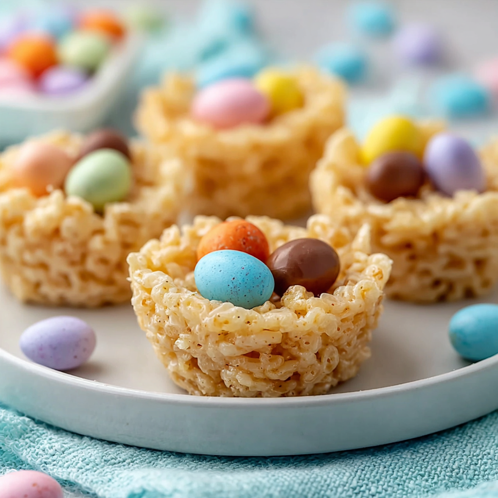 A tray of Rice Krispie Easter nests cooling on parchment