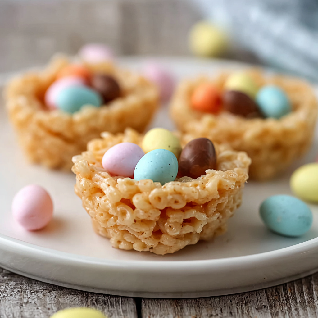 Close-up of a Rice Krispie nest filled with chocolate and mini eggs