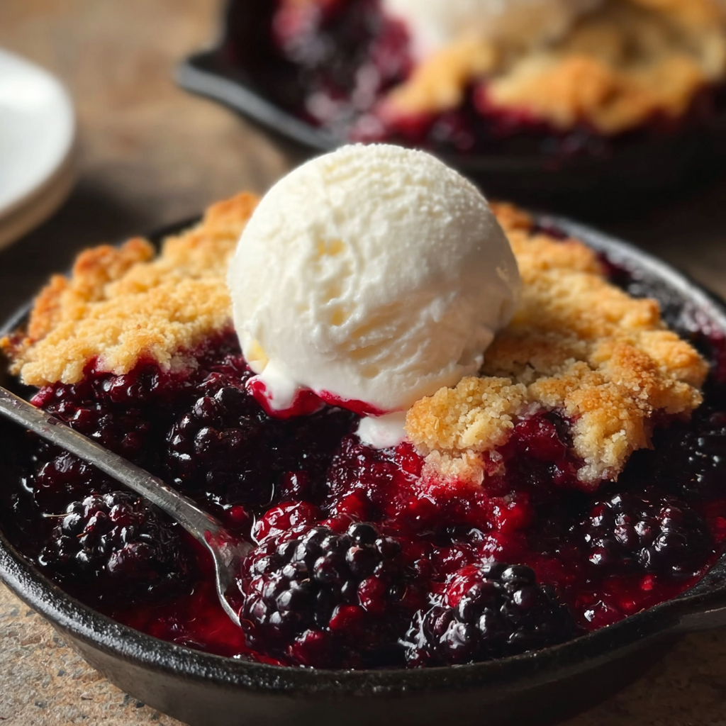 Slice of blackberry cobbler plated with ice cream