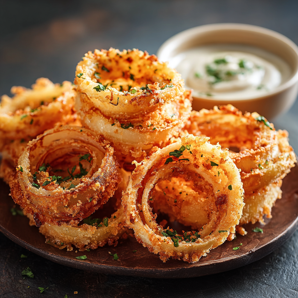 Onion rings frying in oil