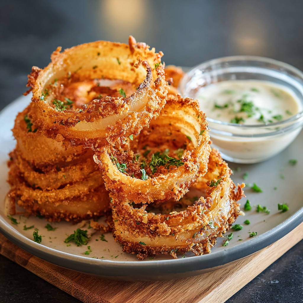 Stack of golden onion chips served with dip
