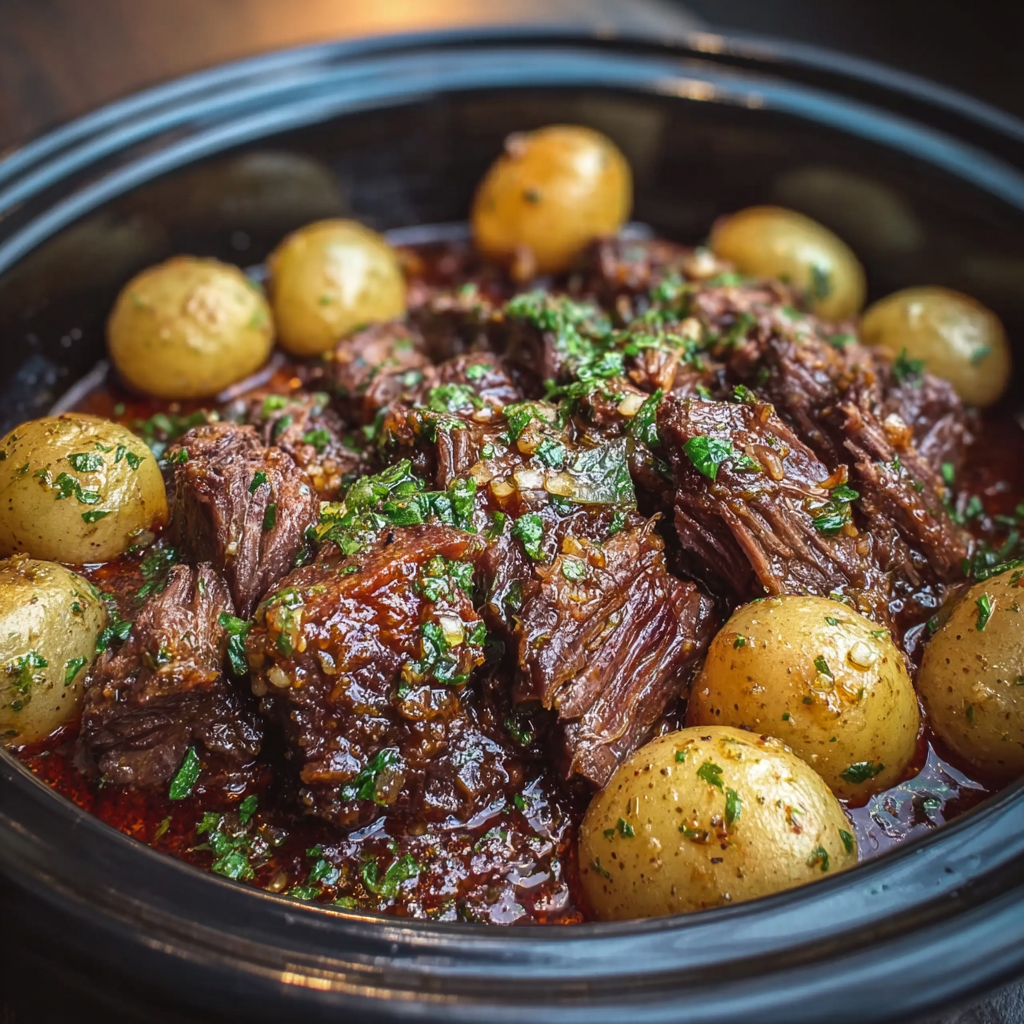 Slow cooked garlic butter beef and potatoes in a white bowl