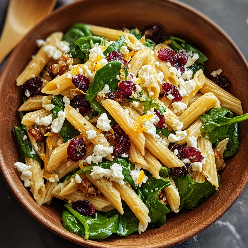 Feta and cranberry penne salad in a bowl