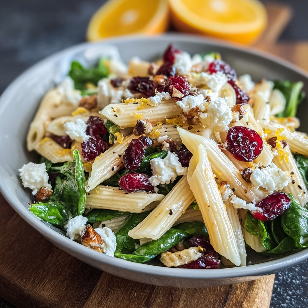 Close-up of orange vinaigrette drizzled over pasta salad