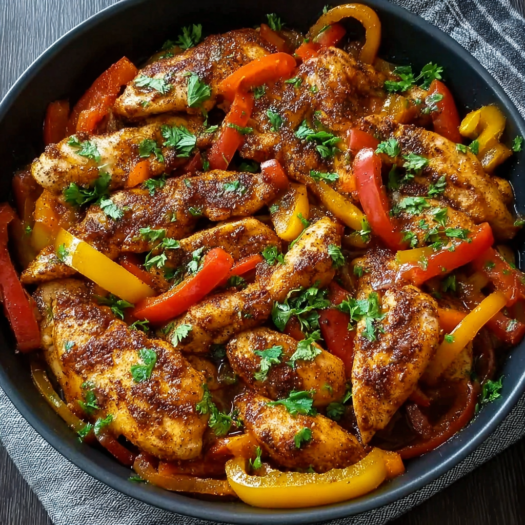 Cajun chicken searing in skillet with peppers