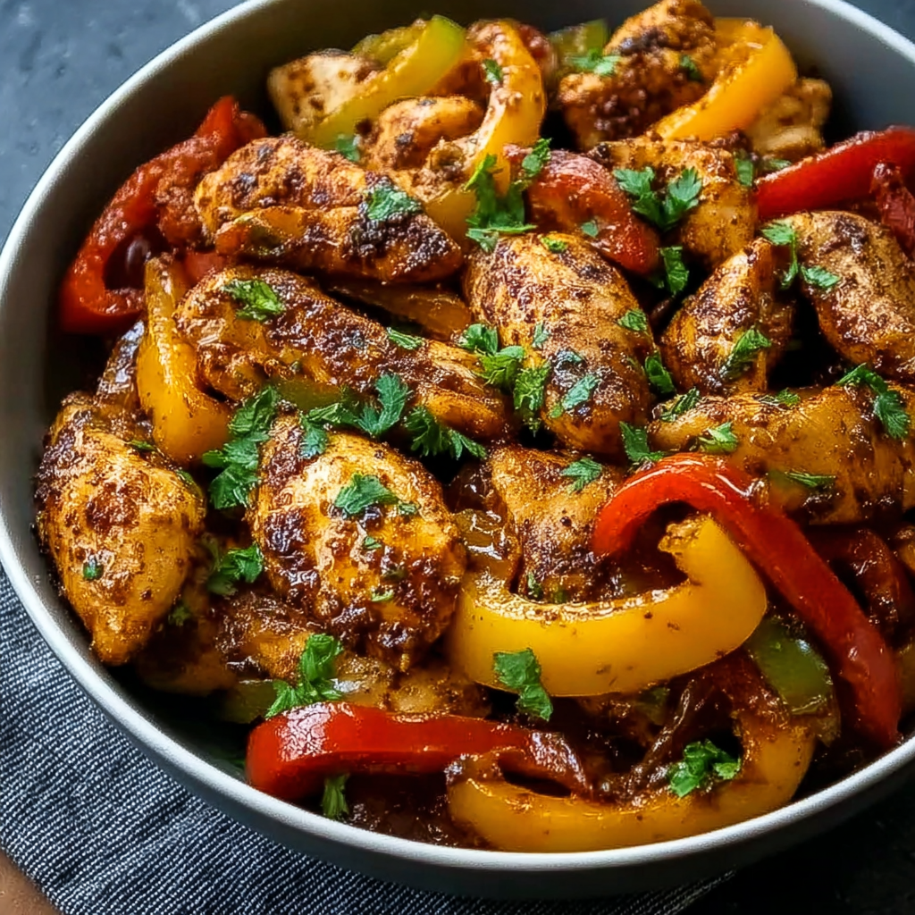 Plated Cajun chicken with sliced bell peppers and parsley garnish