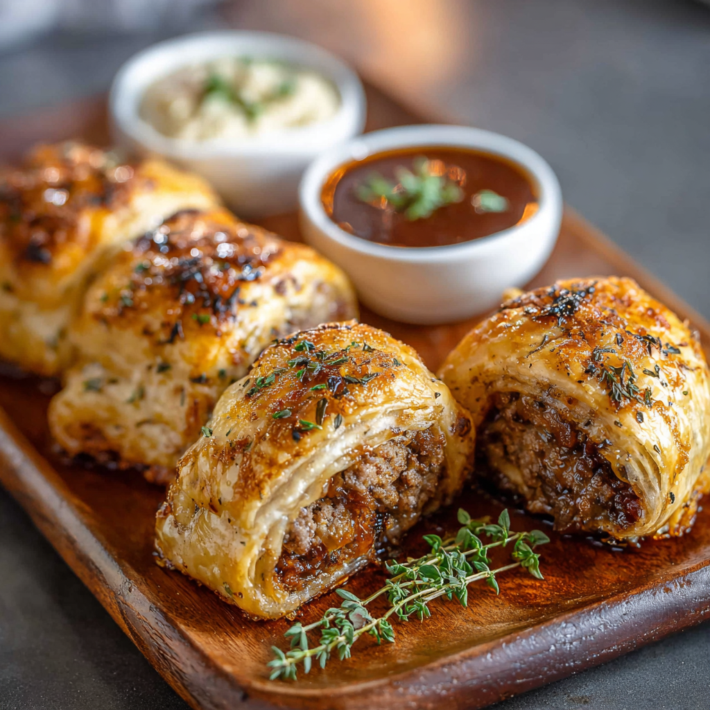 Tray of golden baked sausage rolls cooling on parchment