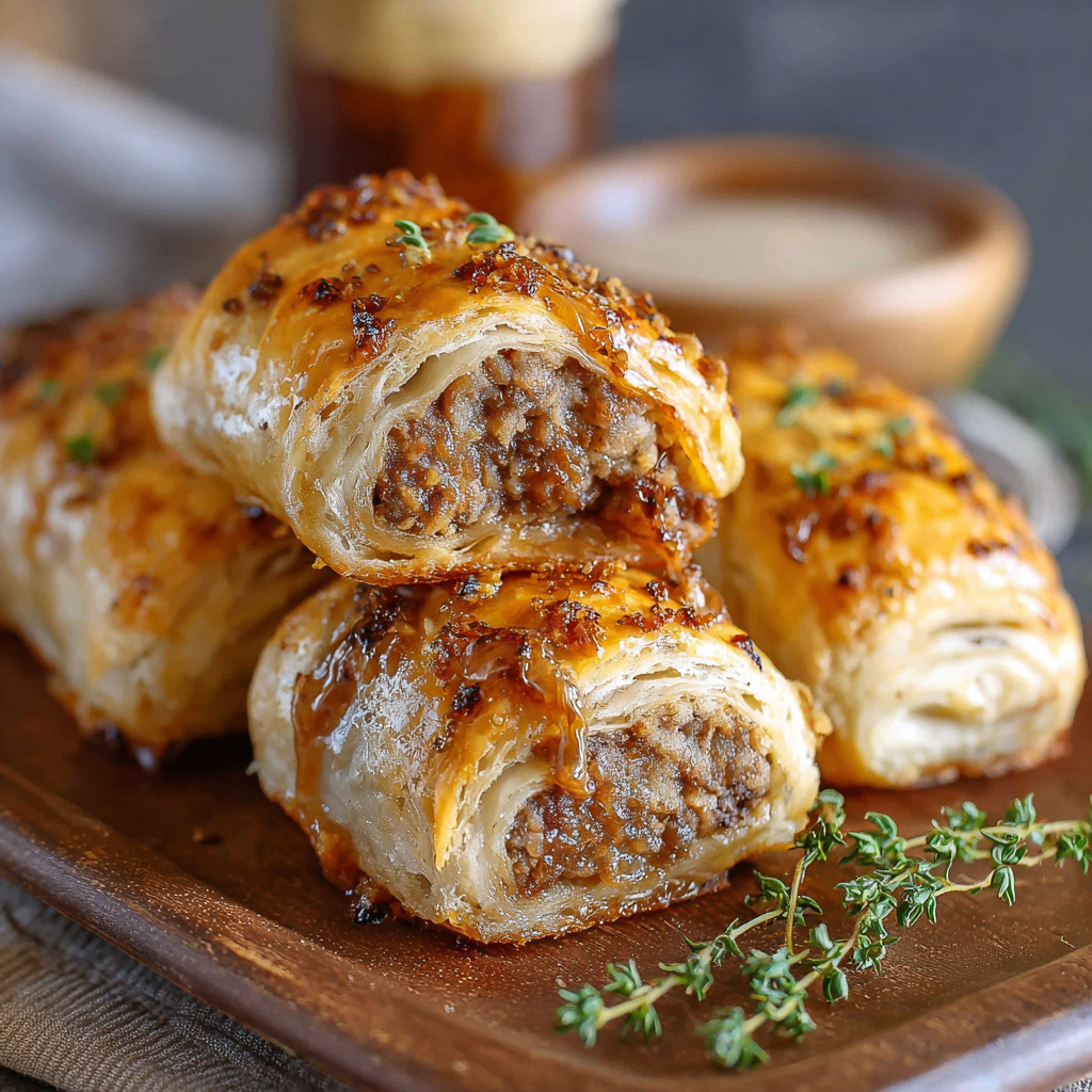 Close up of sliced sausage roll with herb garnish