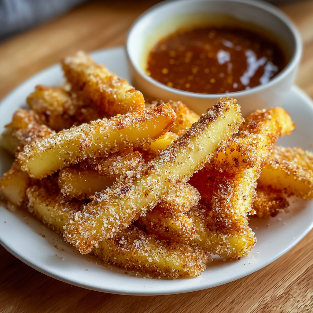 Plated apple fries with dipping sauce