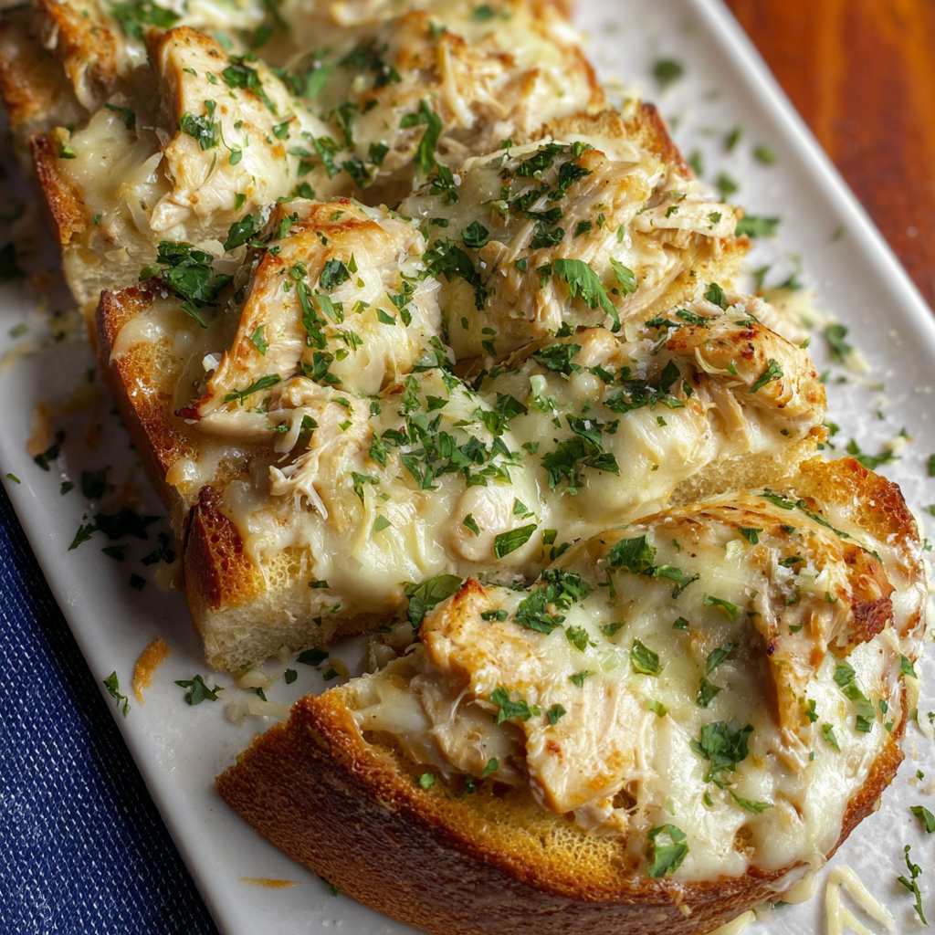 Chicken Alfredo garlic bread on baking sheet