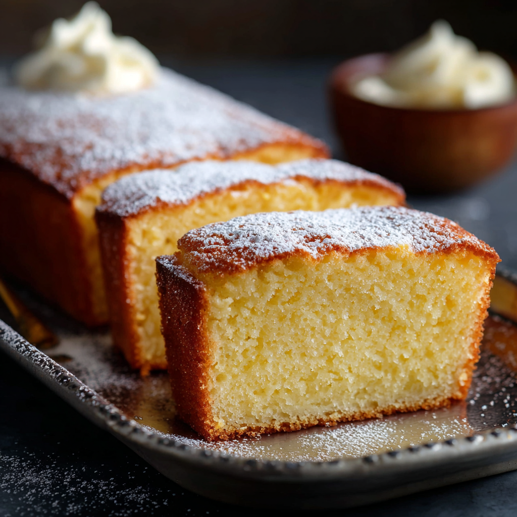 Slice of butter cake plated with tea