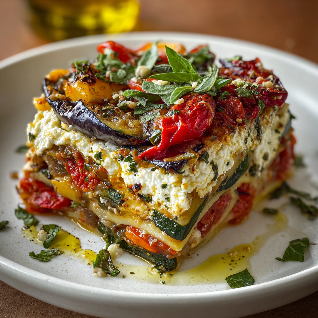Roasted Mediterranean vegetables ready for layering