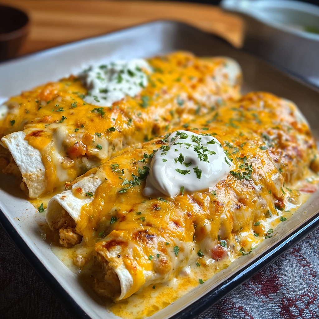 Creamy cheesy enchiladas in a baking dish, melted cheese bubbling on top