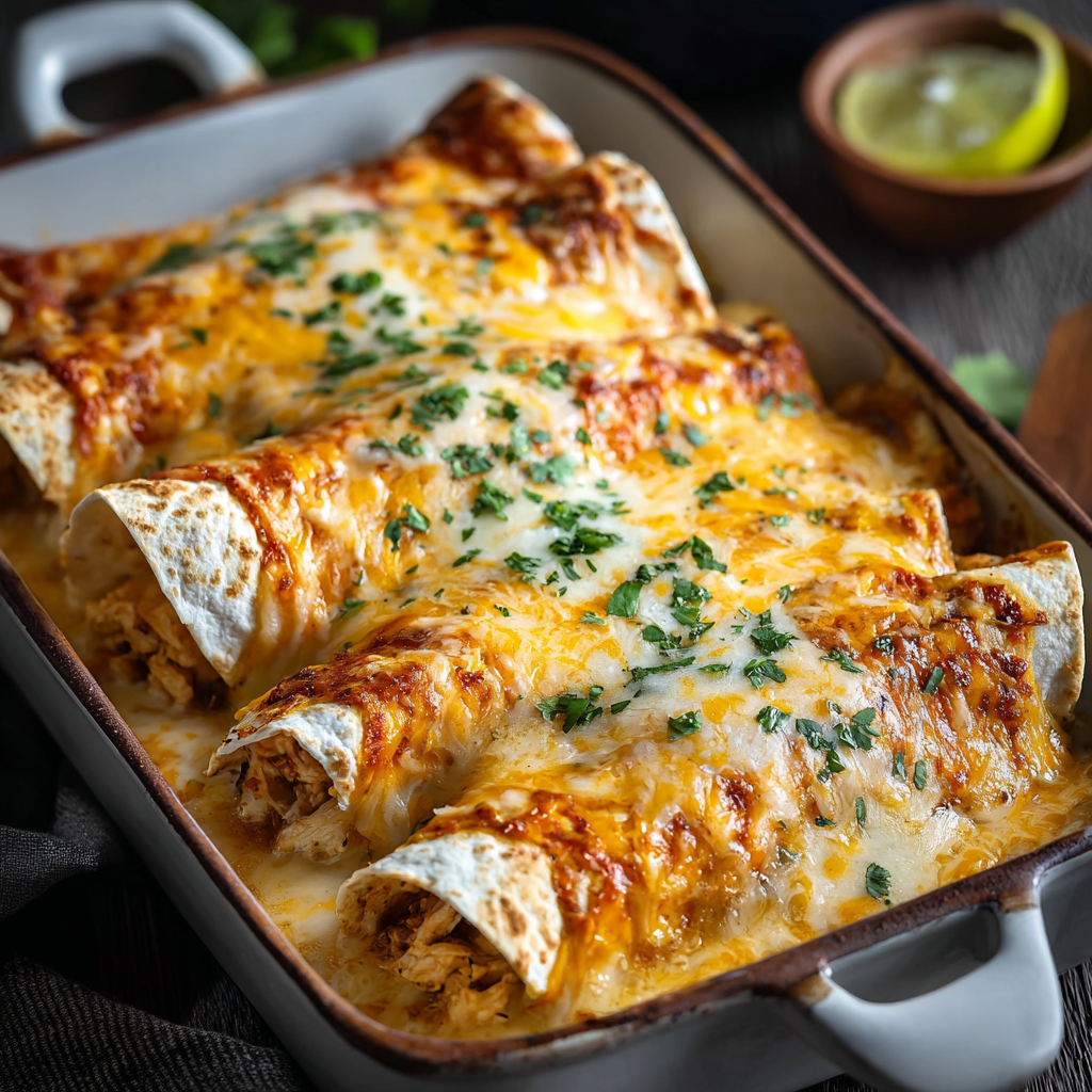 Close-up of a slice of cheesy enchilada plated with garnish