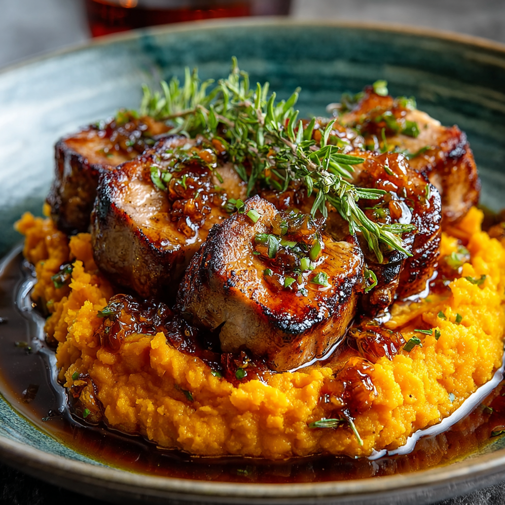 Close-up of mashed sweet potatoes with butter and cinnamon
