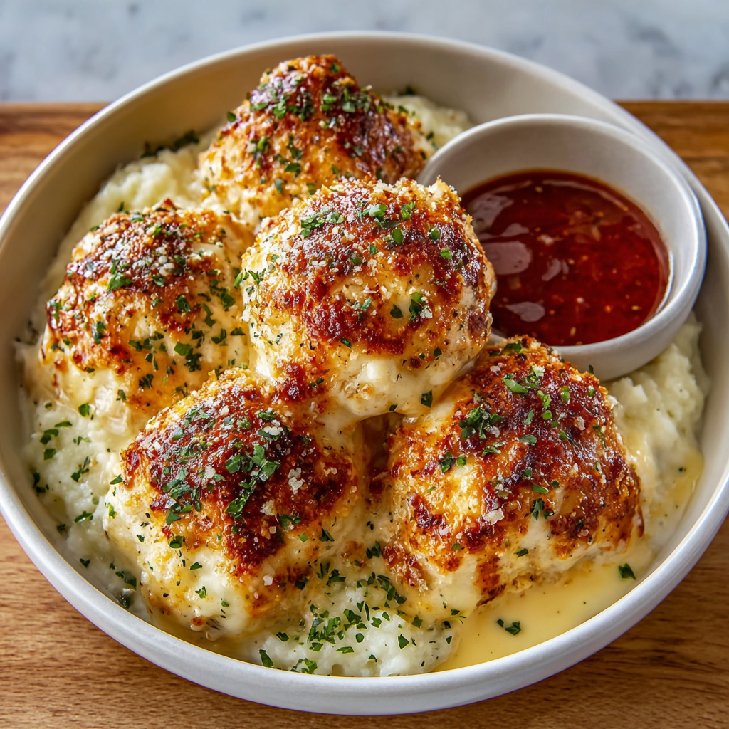 Baked Parmesan Cloud Chicken Bombs in casserole dish
