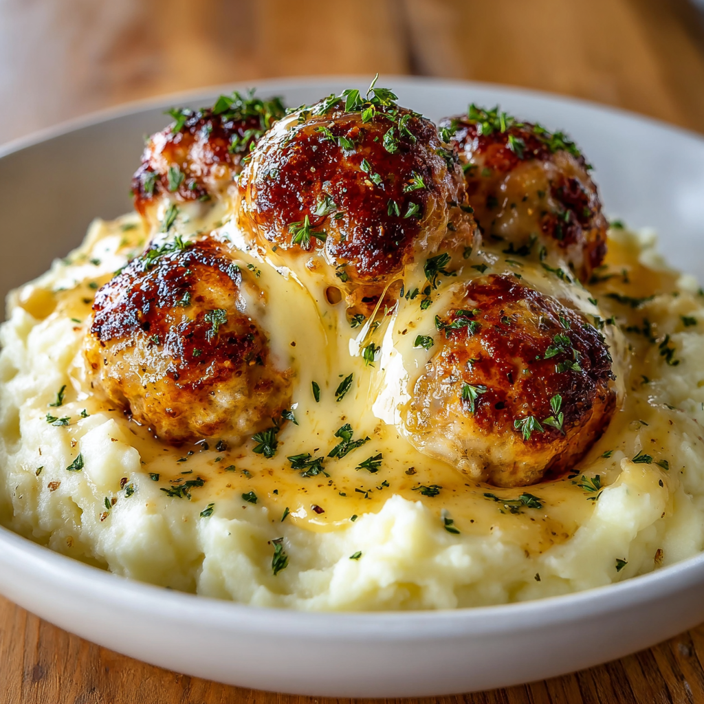 Plate of Parmesan Cloud Chicken Bombs served over mash
