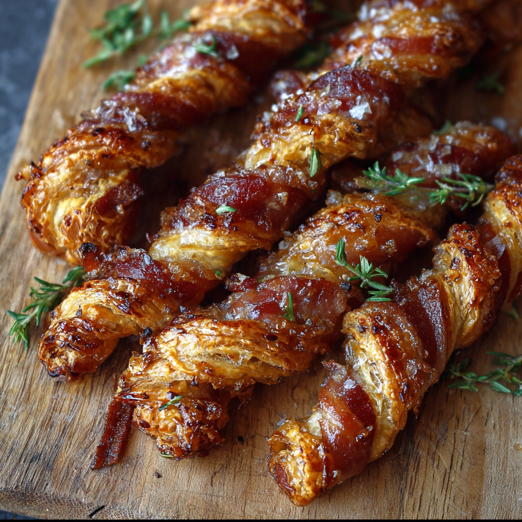 Platter of finished bacon-wrapped puff pastry twists ready to serve