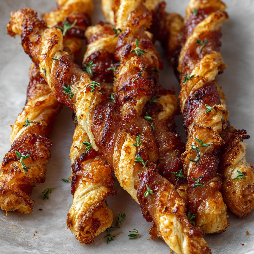 Close-up of bacon-wrapped puff pastry twists on a board